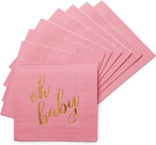 100 Pcs "Oh Baby" Pink Napkins - Girl Baby Shower - 3-Ply