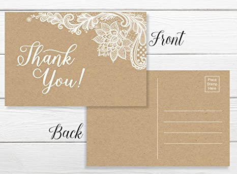 50 Thank You Postcards - Rustic Kraft Lace (50-Cards) Stationery Set for Wedding, Bridesmaid, Bridal Baby Shower, Teachers, Appreciation, Religious, Business, Holidays