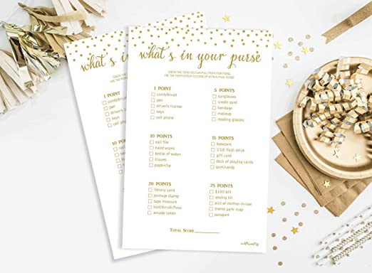 What's in Your Purse (Pack of 50) - Bridal Shower Games - Wedding Shower Games - Bachelorette Party Games - Gold Confetti