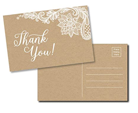 50 Thank You Postcards - Rustic Kraft Lace (50-Cards) Stationery Set for Wedding, Bridesmaid, Bridal Baby Shower, Teachers, Appreciation, Religious, Business, Holidays