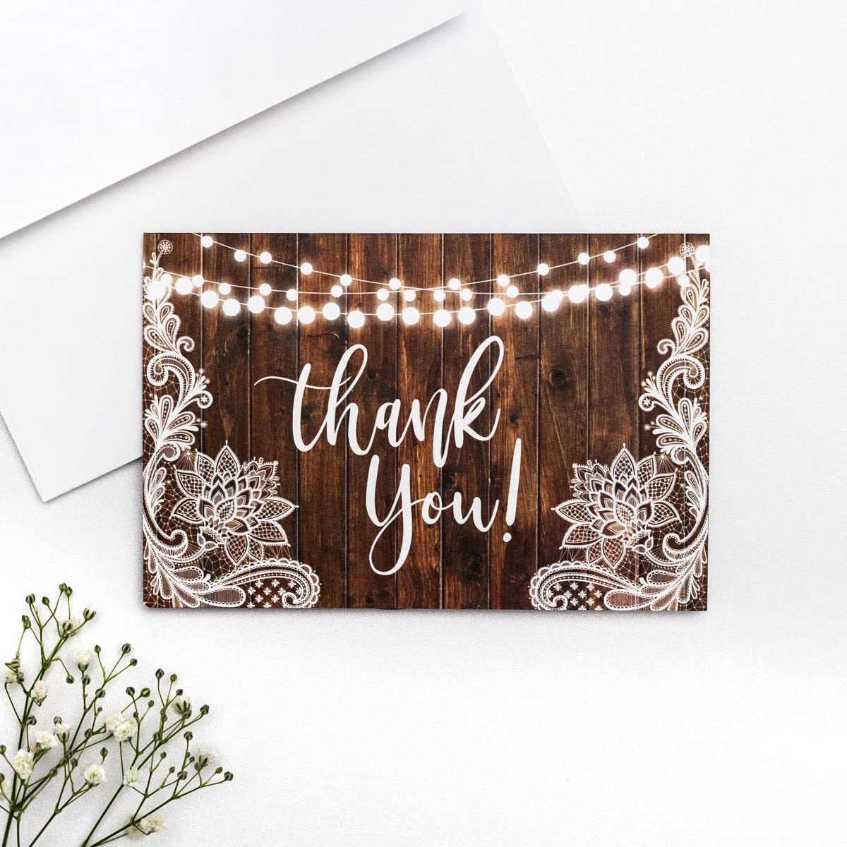 25 Lace Wood String of Lights Rustic Folded Thank You Cards with Envelopes, 4x6 Folded, Tented, Bulk, Perfect for: Wedding, Bridal Shower, Baby Shower, Birthday or Special Event