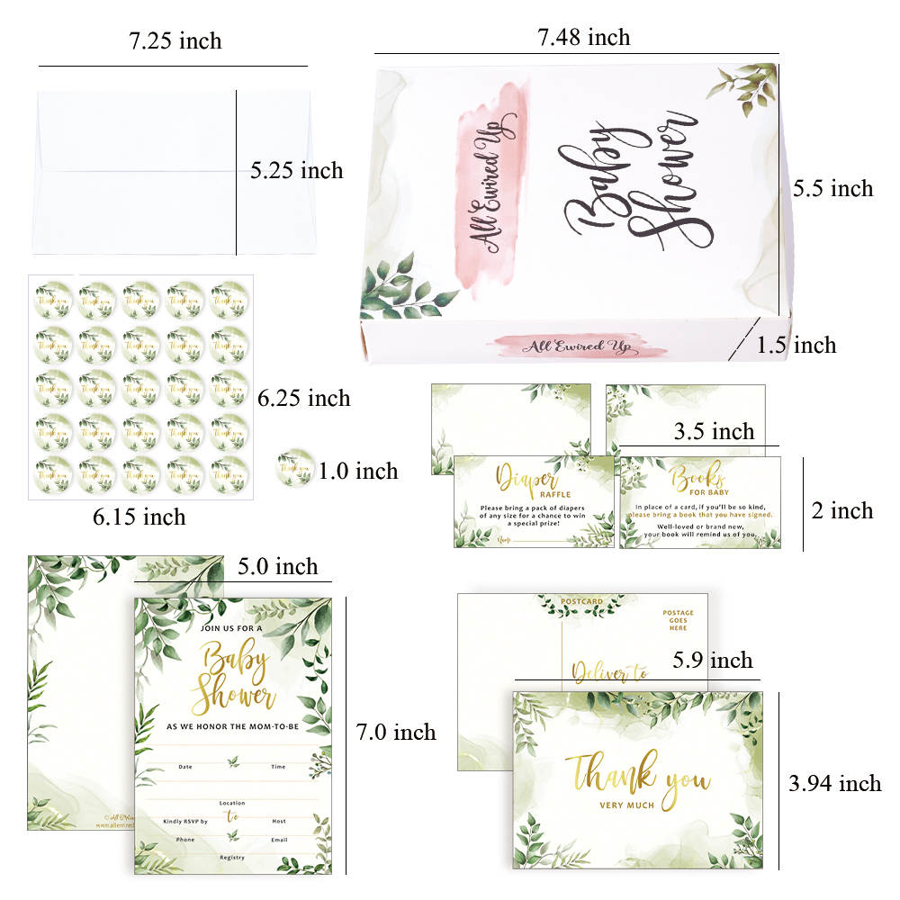 25 Double-Sided Greenery Baby Shower Invitation Set with Envelopes - Gender Neutral Blank Fill-in Invites for Boy or Girl