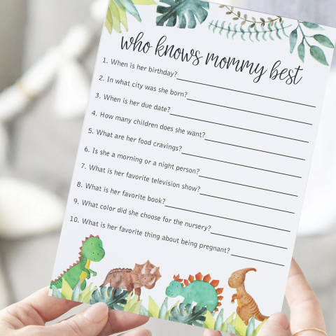 5 Game Large Dinosaur Baby Shower Game Pack (250-sheets) - Who Knows Mommy Best, Who Said It, Mommy or Daddy, What's in Your Purse, Gift Bingo, Advice Predictions