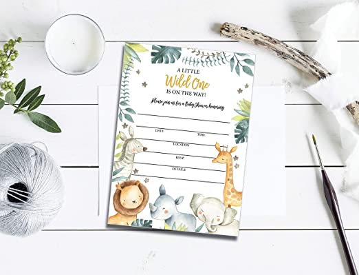 25 Safari Jungle Baby Shower Invitations (LARGE SIZE 5X7 INCHES), Diaper Raffle Tickets, Baby Shower Book Request Cards with Envelopes Greenery Jungle Animal Invites for Boy Baby Showers