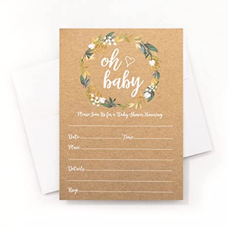 50 Oh Baby Kraft Greenery Invitations (Large Size 5x7) - Baby Shower Invitations (50 Count)