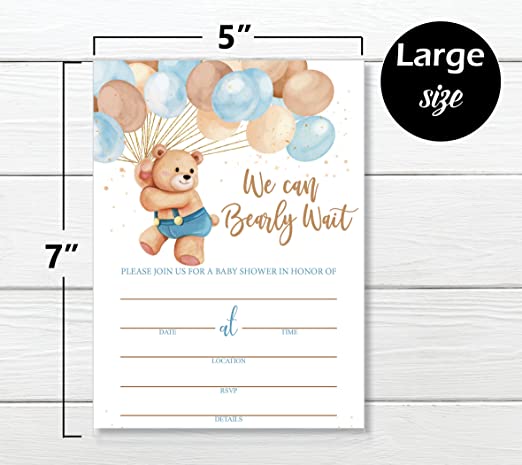 25 Teddy Bear Balloon Up Up and Away Can Bearly Wait Boy Baby Shower Invitations (Large Size 5X7 inches), Diaper Raffle Tickets, Baby Shower Book Request Cards with Envelopes Invites for Boys Baby Showers