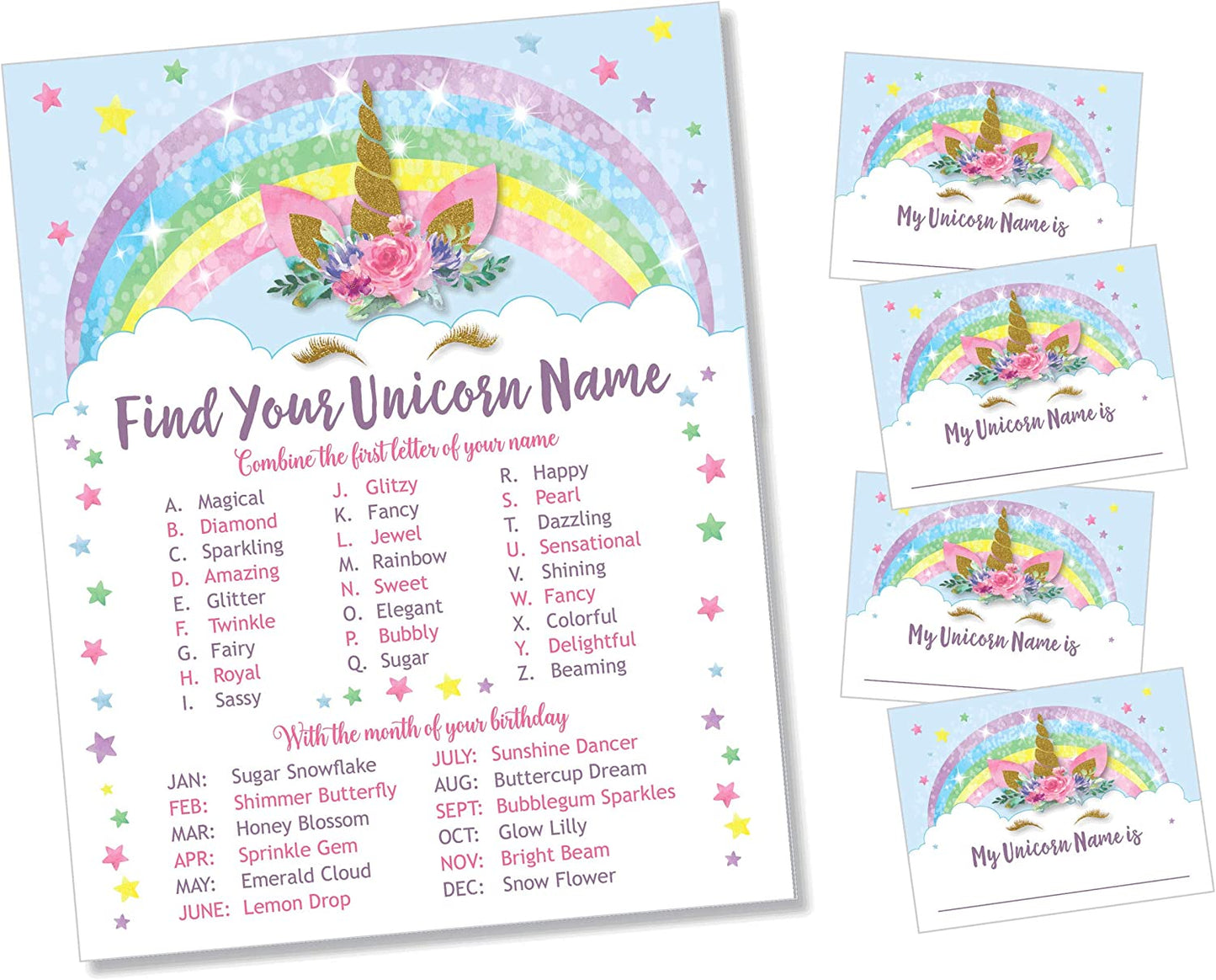 Unicorn Name Game - Unicorn Party Supplies Decorations Games for Birthday Includes 8x10" Sign [Unframed] and 25 Unicorn Name-tags for Kids