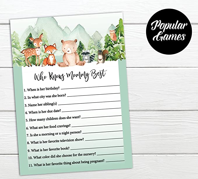 Woodland Baby Shower Games Gender Neutral - 4 Games Double Sided, Who Knows Mommy Best Baby Shower Game Funny, Baby Shower Advice Cards, Baby Prediction And Advice Cards, Gender Reveal, 25 Games Each