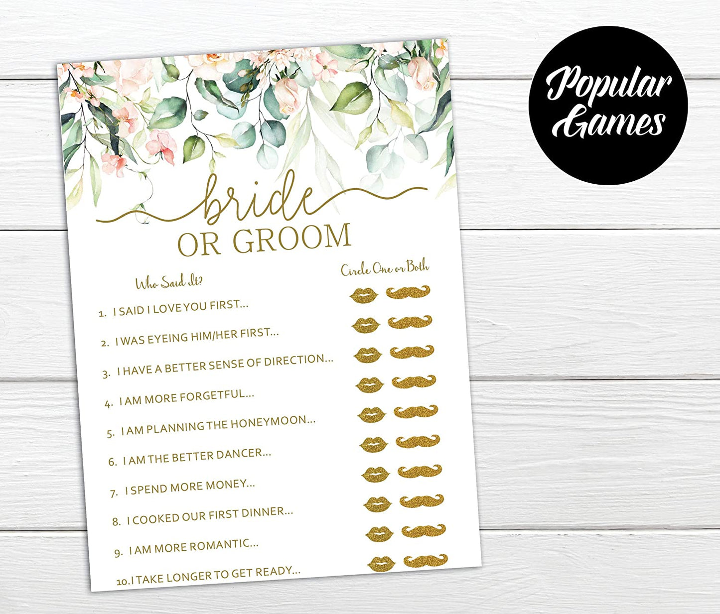 Bridal Shower Bachelorette Games, Floral Watercolor Greenery Gold, He Said She Said, Find The Guest Quest, Would She Rather, What's In Your Phone Game, 25 games each…