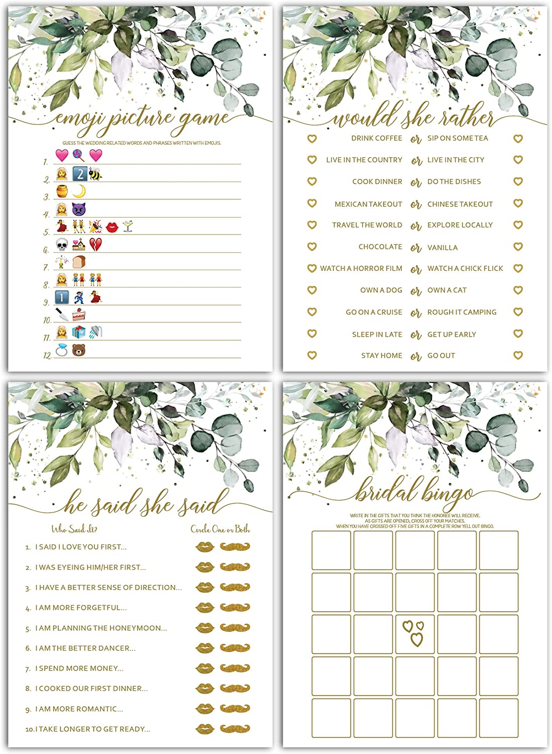 Bridal Shower Bachelorette Games, Eucalyptus Greenery, He Said She Said, Wedding Gift Bingo, Would She Rather, Emoji Picture Game, 25 games each (Double Sided)