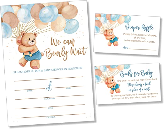 25 Teddy Bear Balloon Up Up and Away Can Bearly Wait Boy Baby Shower Invitations (Large Size 5X7 inches), Diaper Raffle Tickets, Baby Shower Book Request Cards with Envelopes Invites for Boys Baby Showers