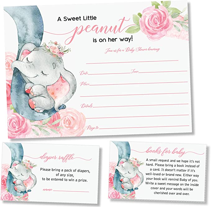 25 Pink Elephant Jungle Baby Shower Invitations and Envelopes (Large Size 5X7 INCHES), 25 Diaper Raffle Tickets, 25 Baby Shower Book Request Cards, Floral Elephant Animal Invites for Girl Baby Showers