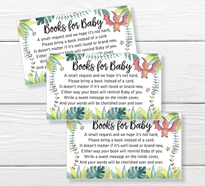 50 Books for Baby Request Insert Card for Boy Dinosaur Baby Shower Invitations or invites, Cute Bring A Book Instead of A Card Theme for Gender Reveal Party Story Games