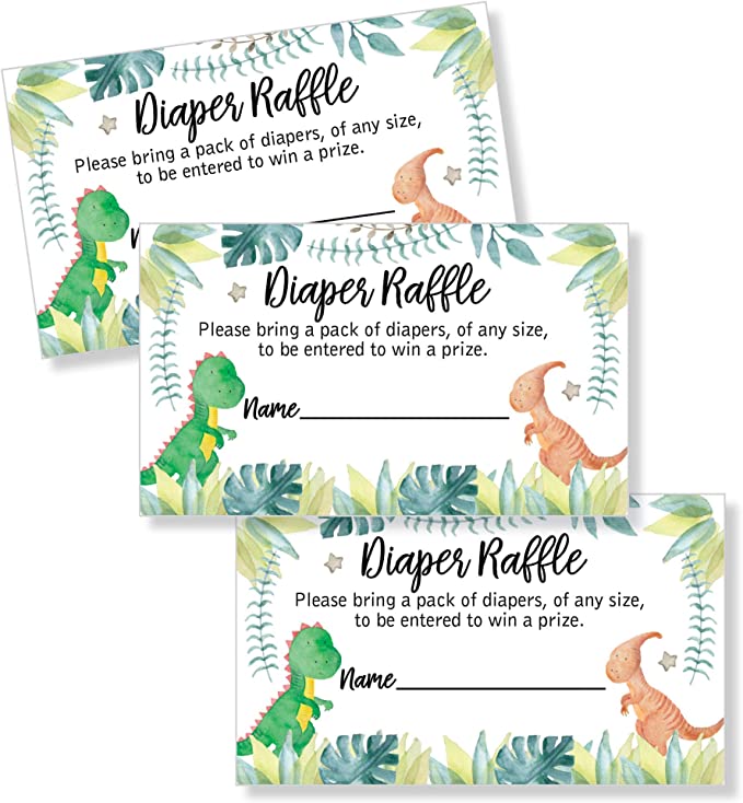 50 Dinosaur Diaper Raffle Tickets Diaper Raffle Ticket Lottery Insert Cards Baby Shower Invitations, Supplies and Games for Baby Reveal Party, Gender Neutral Bring a Pack of Diapers