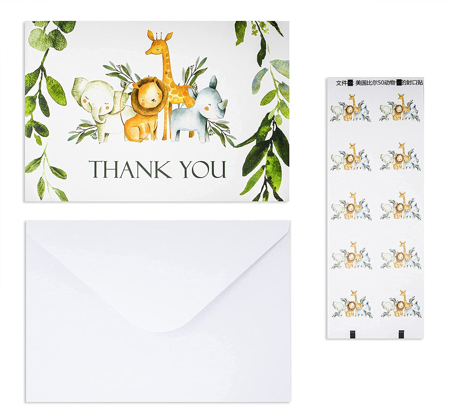 50 Pack Jungle Safari Greenery Thank You Cards, Cute Thank You Notes with Envelopes &amp; Stickers, Baby Shower, Birthday any Occasion