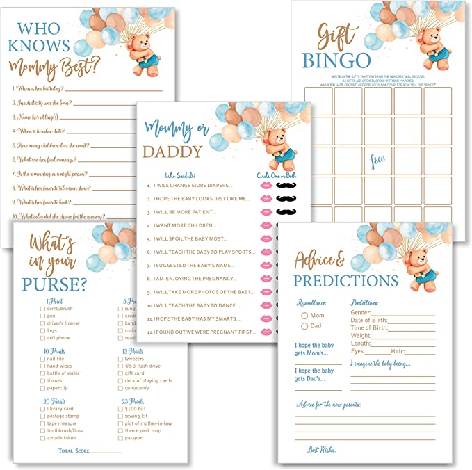 Set of 5 Teddy Bear Baby Shower Games Boy- 250 Piece Baby Shower Game Pack- Fun Baby Boy Shower Games Including Baby Prediction and Advice, what’s in Purse, Bingo, Who Knows Mommy & Guess Who