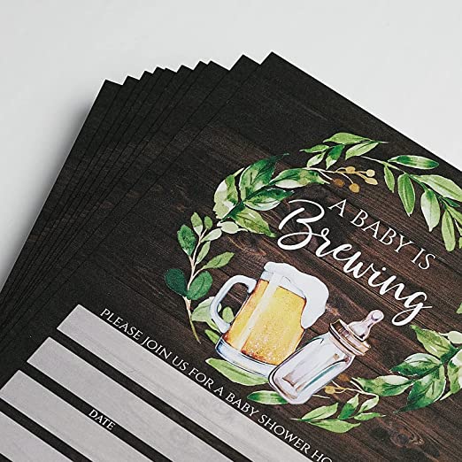 Set of 25 Dark Wood Brewing Baby Shower Invitations with Diaper Raffle Tickets, Book Request Cards and Envelopes- Neutral Baby Shower Invites- Rustic Baby Shower Invitation Cards- couples shower co-ed Large 5X7 inches