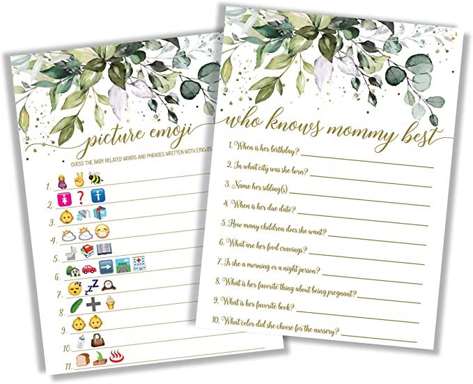 Greenery Eucalyptus Baby Shower Games Gender Neutral - 2 Games Double Sided, 25 Picture Emoji Baby Shower Games, 25 Who Knows Mommy Best, Gender Reveal Games For Guests, Baby Shower Party Supplies