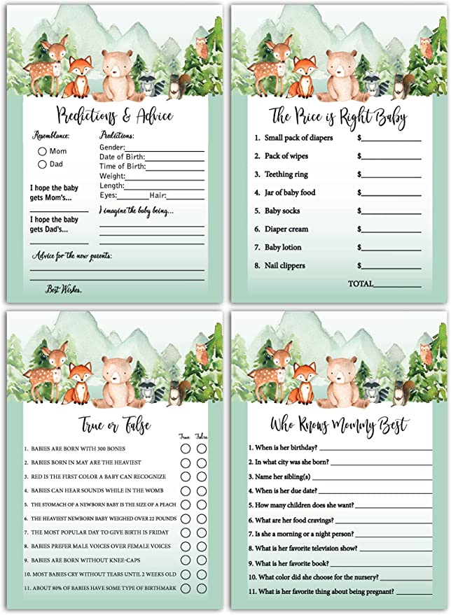 Woodland Baby Shower Games Gender Neutral - 4 Games Double Sided, Who Knows Mommy Best Baby Shower Game Funny, Baby Shower Advice Cards, Baby Prediction And Advice Cards, Gender Reveal, 25 Games Each