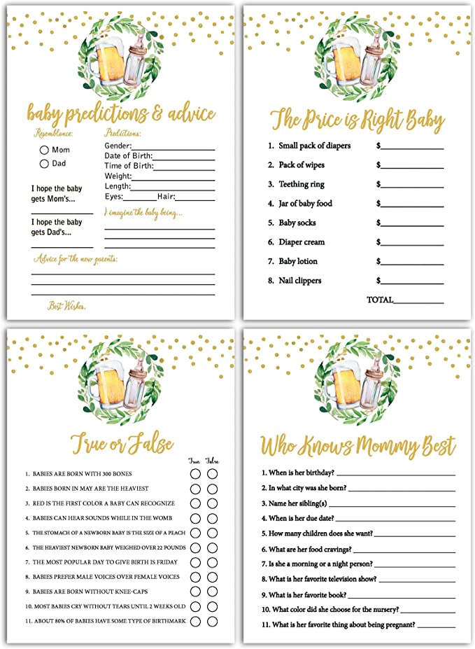 Baby is Brewing Baby Shower Games Gender Neutral - 4 Games Double Sided, Who Knows Mommy Best Baby Shower Game Funny, Advice Cards, Baby Prediction & Advice Cards, Gender Reveal Games, 25 Games Each