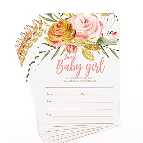 50 Pink Blush Sweet Baby Girl Shower Invitations and Envelopes (Large Size 5x7)