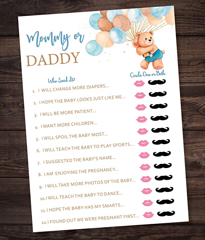 Set of 5 Teddy Bear Baby Shower Games Boy- 250 Piece Baby Shower Game Pack- Fun Baby Boy Shower Games Including Baby Prediction and Advice, what’s in Purse, Bingo, Who Knows Mommy & Guess Who