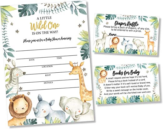 25 Safari Jungle Baby Shower Invitations (LARGE SIZE 5X7 INCHES), Diaper Raffle Tickets, Baby Shower Book Request Cards with Envelopes Greenery Jungle Animal Invites for Boy Baby Showers