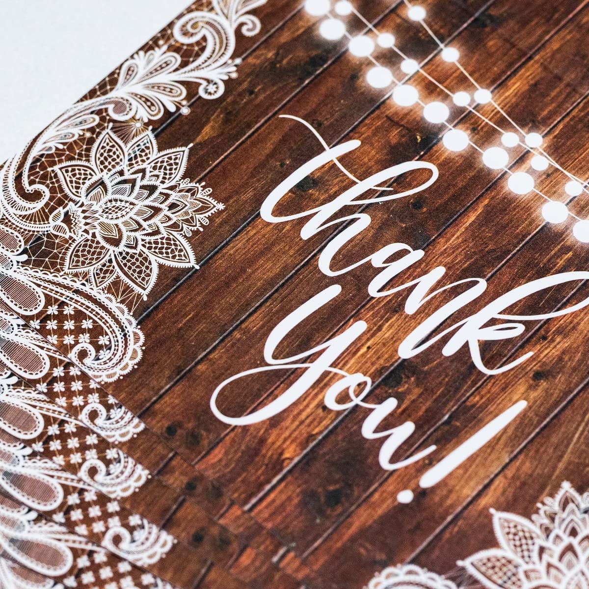 25 Lace Wood String of Lights Rustic Folded Thank You Cards with Envelopes, 4x6 Folded, Tented, Bulk, Perfect for: Wedding, Bridal Shower, Baby Shower, Birthday or Special Event