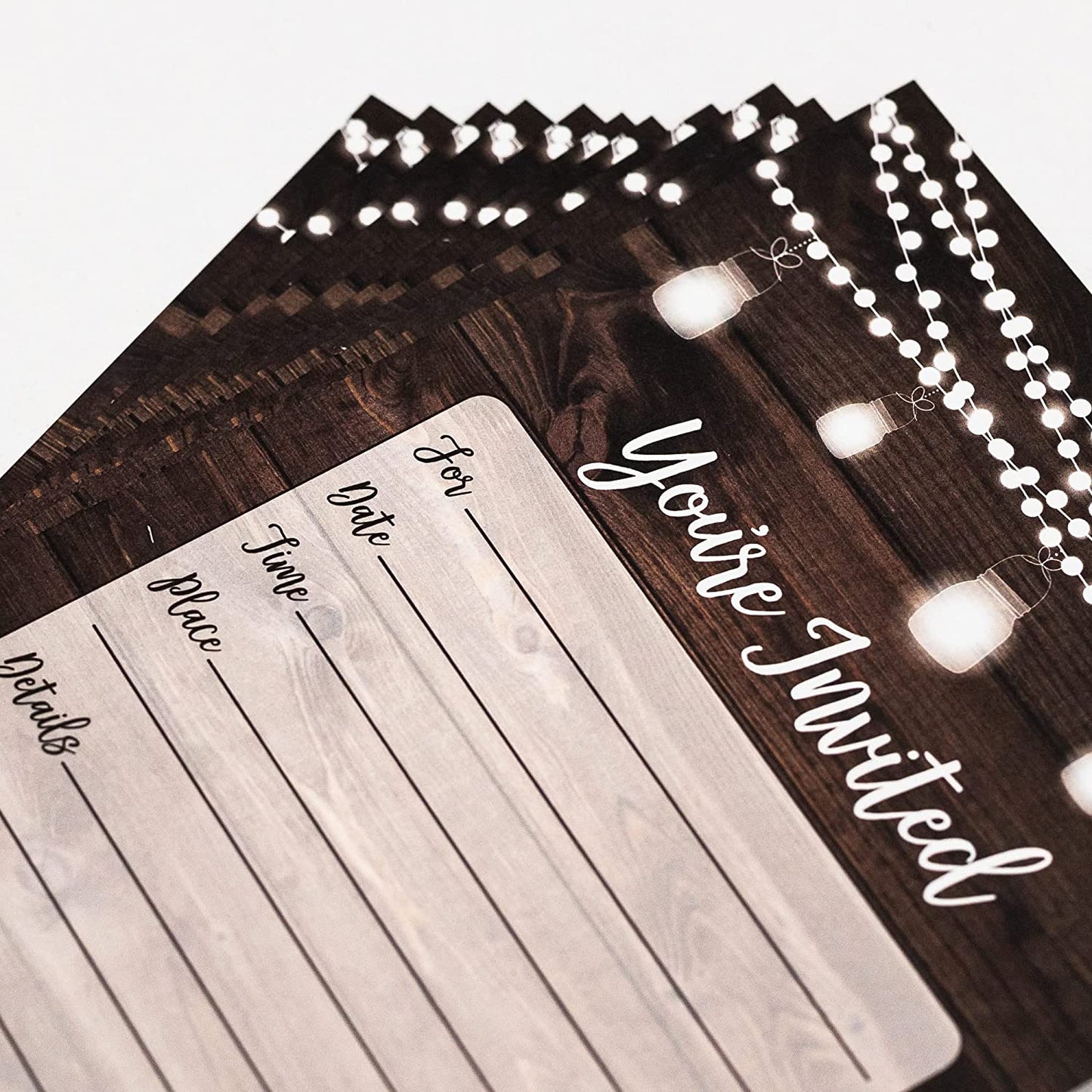 Rustic Invitations and Envelopes (Large Size 5x7) - Wedding - Engagement - Birthday Party - Baby Shower - Any Occasion - Wood and Lights (50 Count)