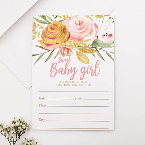 50 Pink Blush Sweet Baby Girl Shower Invitations and Envelopes (Large Size 5x7)