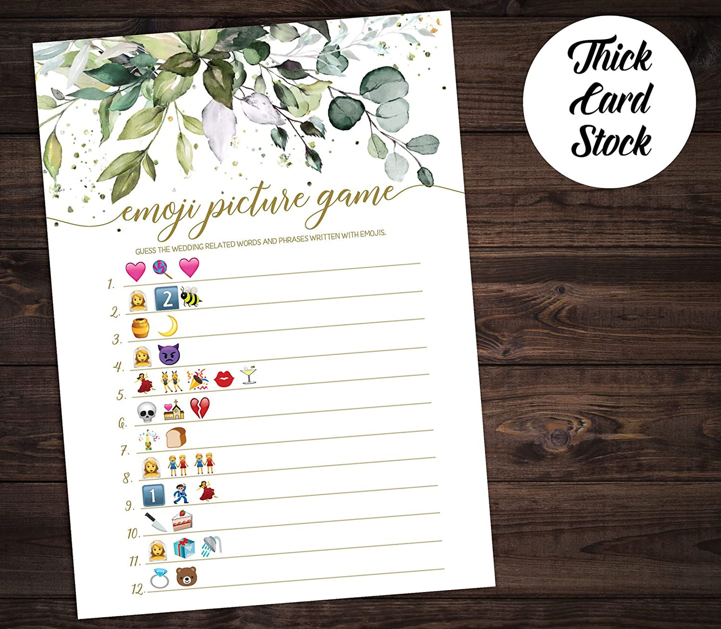 Bridal Shower Bachelorette Games, Eucalyptus Greenery, He Said She Said, Wedding Gift Bingo, Would She Rather, Emoji Picture Game, 25 games each (Double Sided)