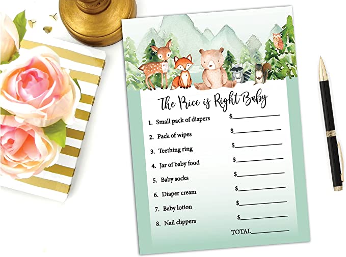 Woodland Baby Shower Games Gender Neutral - 4 Games Double Sided, Who Knows Mommy Best Baby Shower Game Funny, Baby Shower Advice Cards, Baby Prediction And Advice Cards, Gender Reveal, 25 Games Each