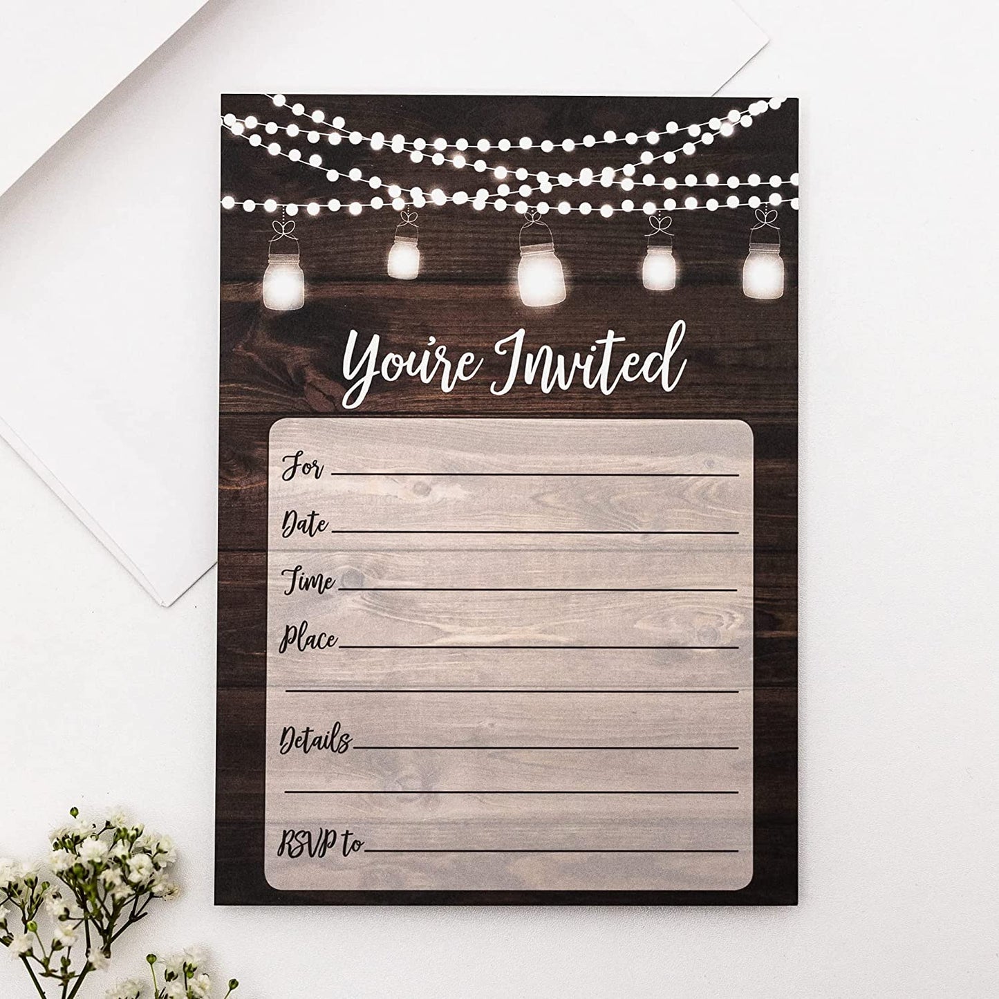 Rustic Invitations and Envelopes (Large Size 5x7) - Wedding - Engagement - Birthday Party - Baby Shower - Any Occasion - Wood and Lights (50 Count)