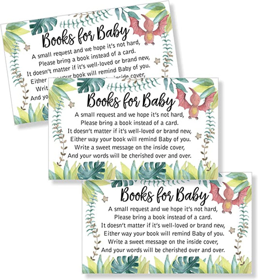 50 Books for Baby Request Insert Card for Boy Dinosaur Baby Shower Invitations or invites, Cute Bring A Book Instead of A Card Theme for Gender Reveal Party Story Games