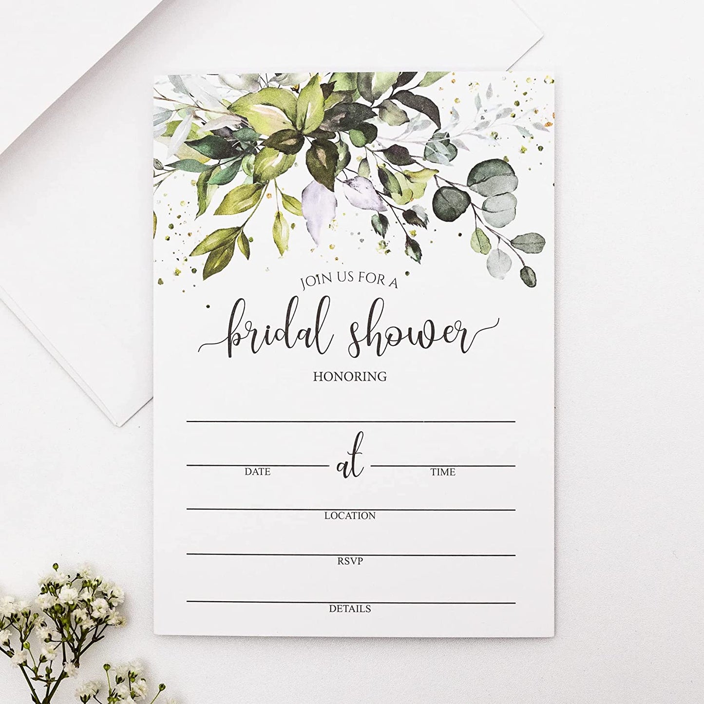 50 Greenery Eucalyptus Bridal Shower Invitations and 50 Envelopes (Large Size 5x7) - (100 pieces)