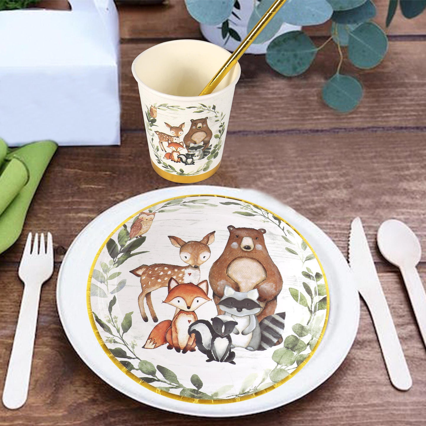 Gold Foil Woodland Baby Shower or Birthday | Serves 24 | Woodland Party Supplies Decorations | Baby Shower or Birthday for | Dinner Plates, Dessert Plates, Cups, Straws and Napkins Forest Animal Friends Theme Party Supplies