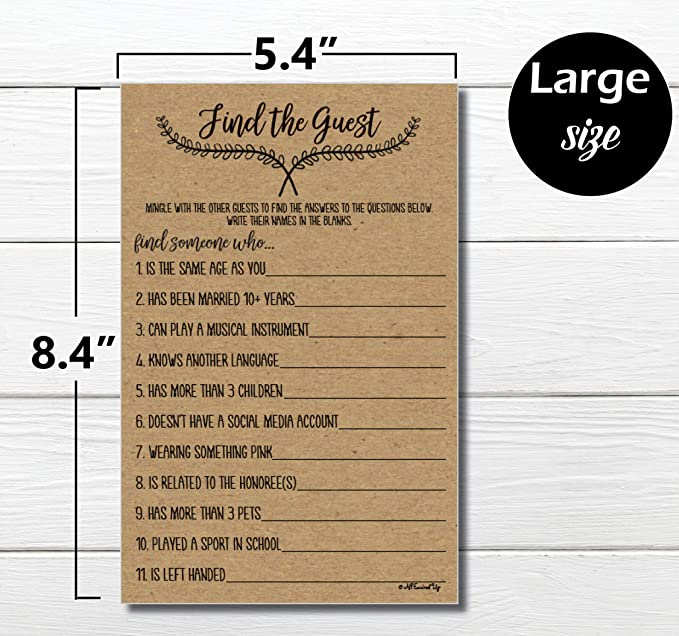 Find the Guest Game - Kraft (50-Sheets) Rustic Bridal Wedding Shower or Bachelorette Party Game, Printed Engagement Rehearsal (Large Size Sheets)