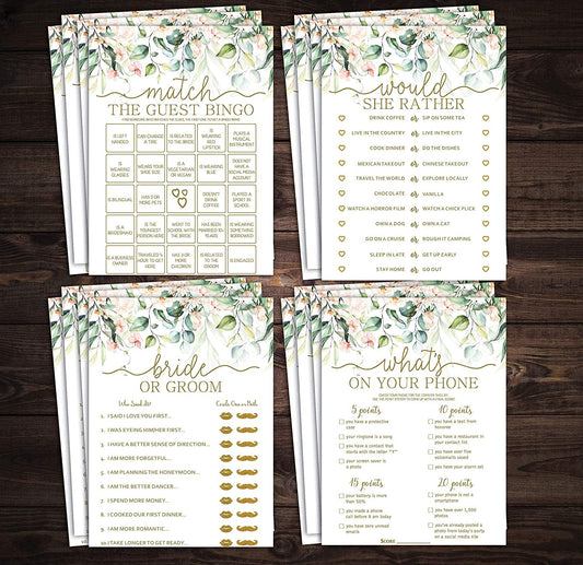 Bridal Shower Bachelorette Games, Floral Watercolor Greenery Gold, He Said She Said, Find The Guest Quest, Would She Rather, What's In Your Phone Game, 25 games each…