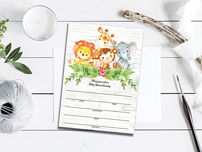 25 Sweet Safari Jungle Baby Shower Invitations and Envelopes (Large Size 5X7 inches), 25 Diaper Raffle Tickets, 25 Baby Shower Book Request Cards, Invites for Girl Boy Neutral Baby Showers Elephant