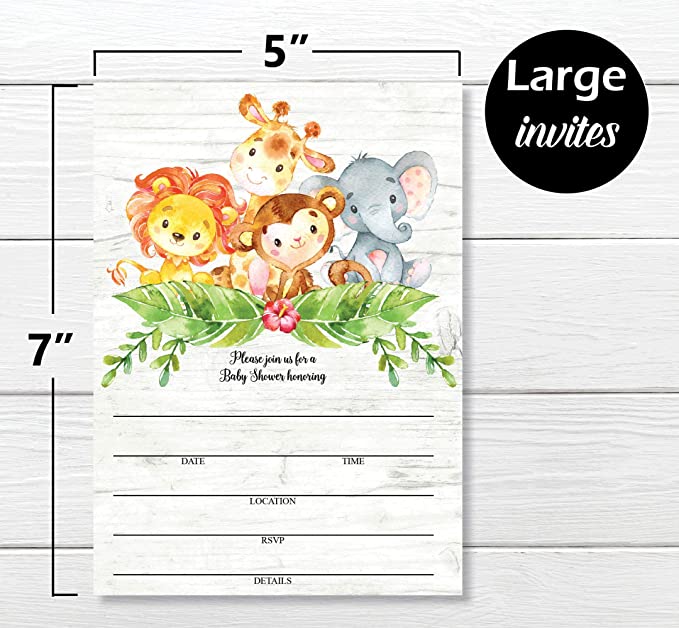 25 Sweet Safari Jungle Baby Shower Invitations and Envelopes (Large Size 5X7 inches), 25 Diaper Raffle Tickets, 25 Baby Shower Book Request Cards, Invites for Girl Boy Neutral Baby Showers Elephant