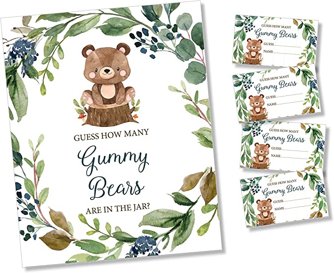 How Many Gummy Bears - Self Standing Sign - 50 Guess Cards - Greenery Woodland Baby Shower Birthday Party