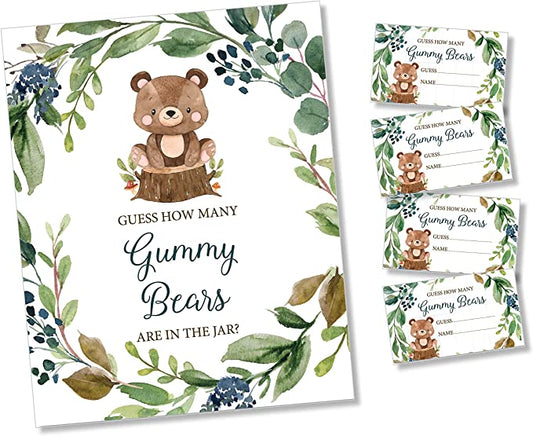 How Many Gummy Bears - Self Standing Sign - 50 Guess Cards - Greenery Woodland Baby Shower Birthday Party