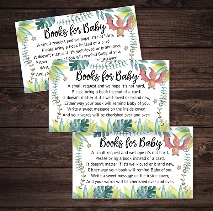 50 Books for Baby Request Insert Card for Boy Dinosaur Baby Shower Invitations or invites, Cute Bring A Book Instead of A Card Theme for Gender Reveal Party Story Games