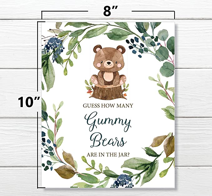 How Many Gummy Bears - Self Standing Sign - 50 Guess Cards - Greenery Woodland Baby Shower Birthday Party