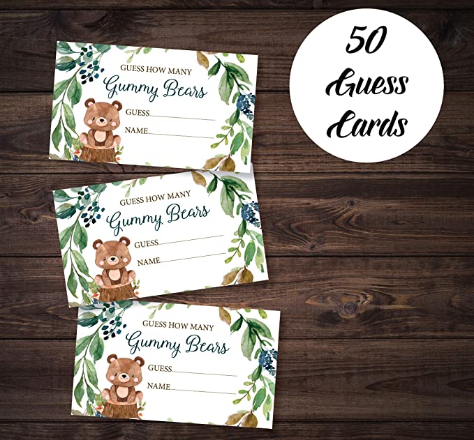 How Many Gummy Bears - Self Standing Sign - 50 Guess Cards - Greenery Woodland Baby Shower Birthday Party