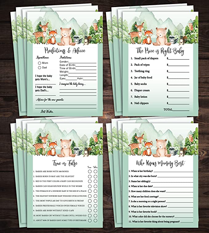 Woodland Baby Shower Games Gender Neutral - 4 Games Double Sided, Who Knows Mommy Best Baby Shower Game Funny, Baby Shower Advice Cards, Baby Prediction And Advice Cards, Gender Reveal, 25 Games Each