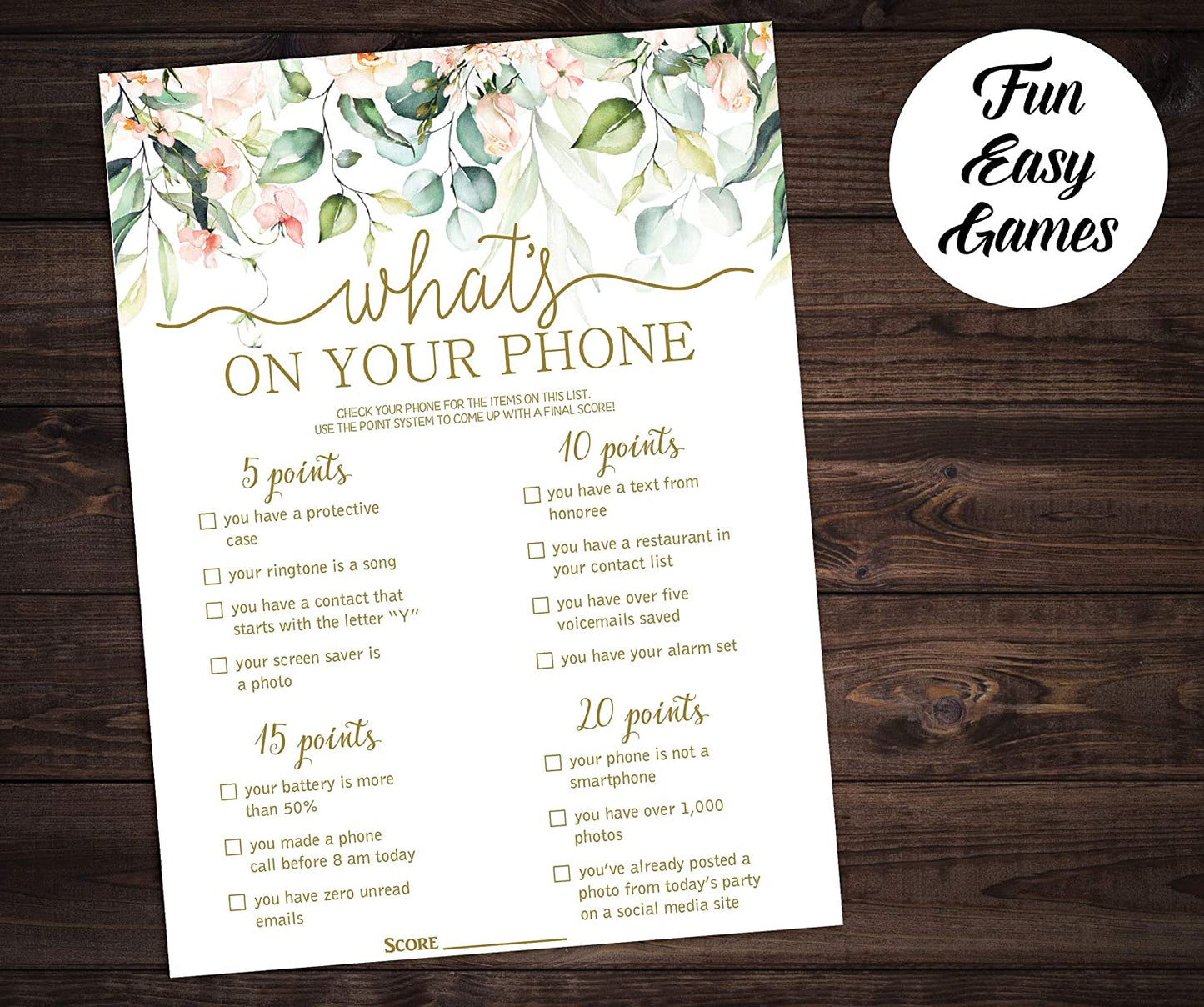 Bridal Shower Bachelorette Games, Floral Watercolor Greenery Gold, He Said She Said, Find The Guest Quest, Would She Rather, What's In Your Phone Game, 25 games each…