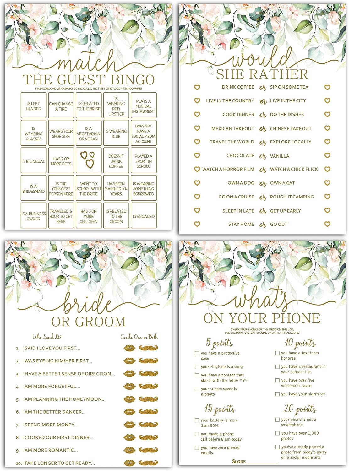 Bridal Shower Bachelorette Games, Floral Watercolor Greenery Gold, He Said She Said, Find The Guest Quest, Would She Rather, What's In Your Phone Game, 25 games each…