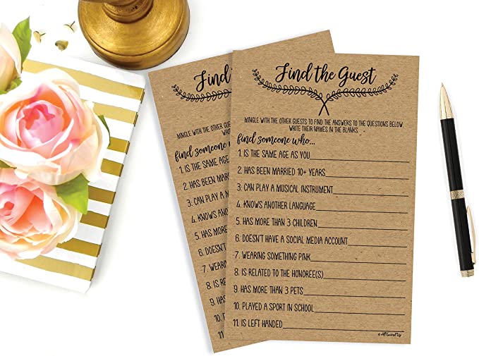 Find the Guest Game - Kraft (50-Sheets) Rustic Bridal Wedding Shower or Bachelorette Party Game, Printed Engagement Rehearsal (Large Size Sheets)