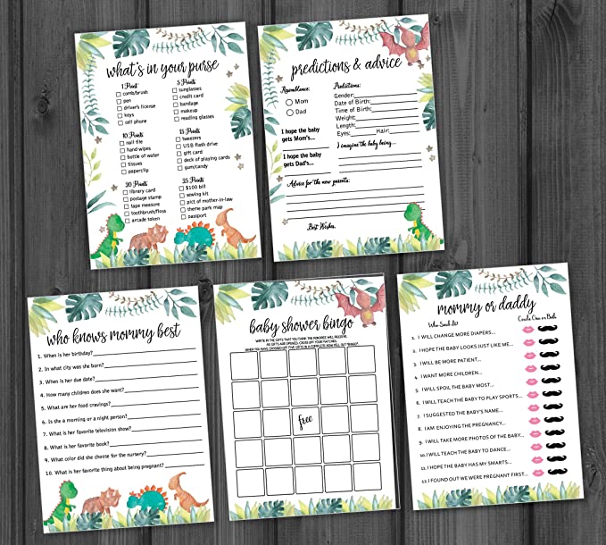 5 Game Large Dinosaur Baby Shower Game Pack (250-sheets) - Who Knows Mommy Best, Who Said It, Mommy or Daddy, What's in Your Purse, Gift Bingo, Advice Predictions